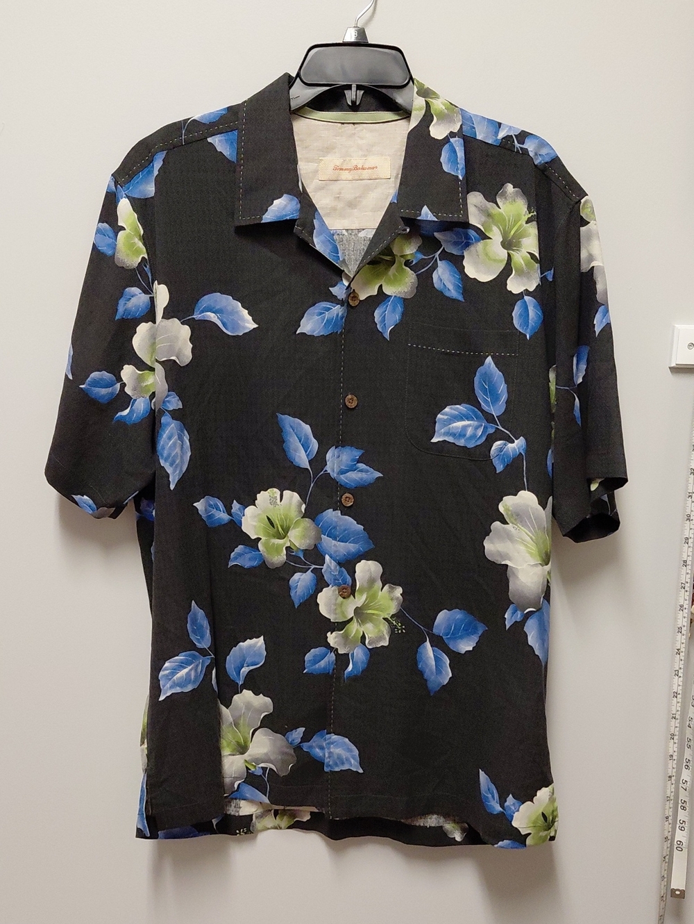 Tommy Bahama Black Floral Camp Shirt with Blue and Green Blooms